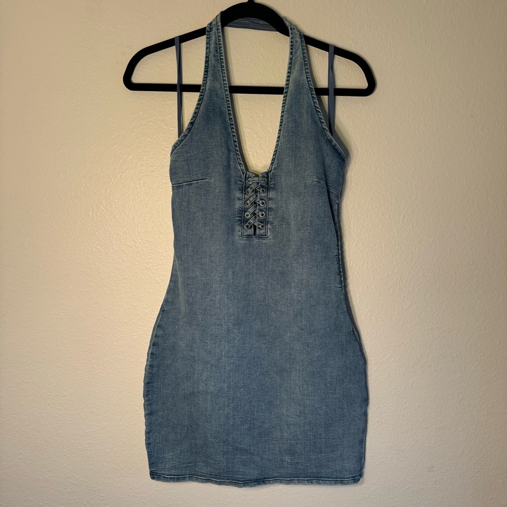 H&M DIVIDED Dress Women's Small Blue Denim Mini Bodycon Halter Top Side Zip Y2K